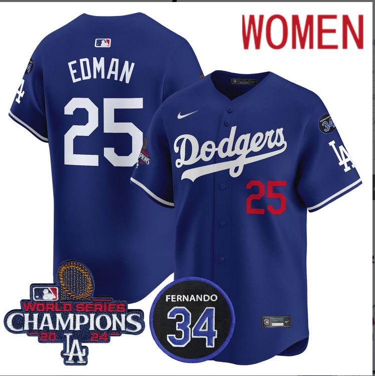 Women MLB Los Angeles Dodgers 25 Edman blue 2024 World Series Champions Patch Limited Jersey styel 3